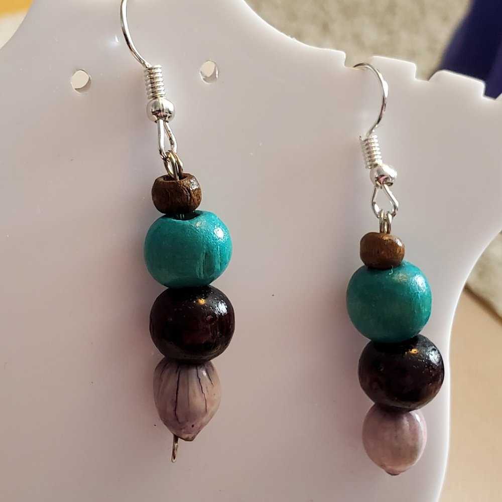 Silver Tone Wood Bead and Seed Dangle Hook Earring